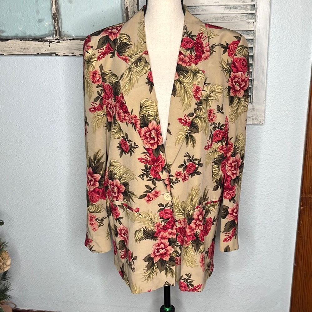 Folio Collection Saks Fifth Avenue Silk Women's Beige Floral Blazer Size 10